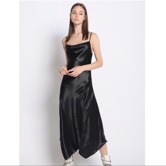 Womens Large Black Dress Bias Draped Silky Front Split - Picture 4 of 6